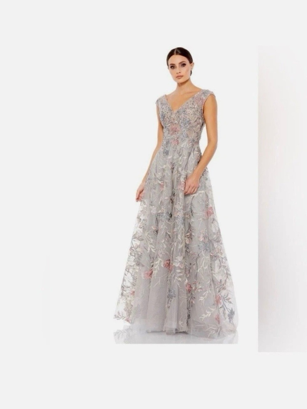 Mac Duggal Silver Floral Embroidered V-Neck Maxi Gown